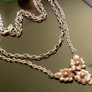 Lot of 2 Silver Oval Link Chain Necklaces~One With Silver Flowers Pendant~22"
